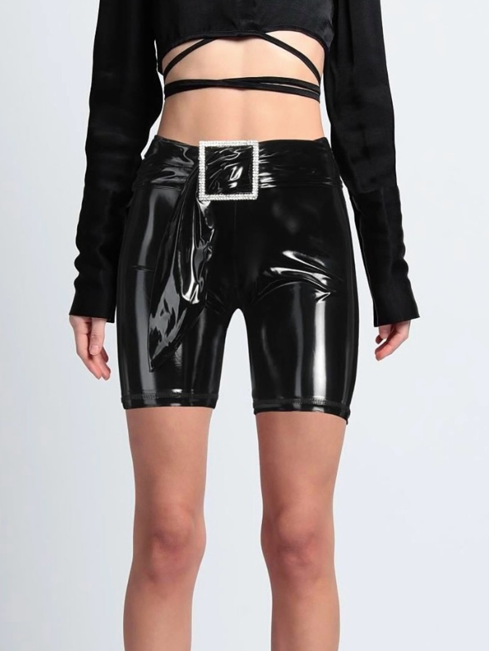 NWT AYA MUSE Black Patent Faux Leather Biker Shorts w/ Rhinestone Belt Size S